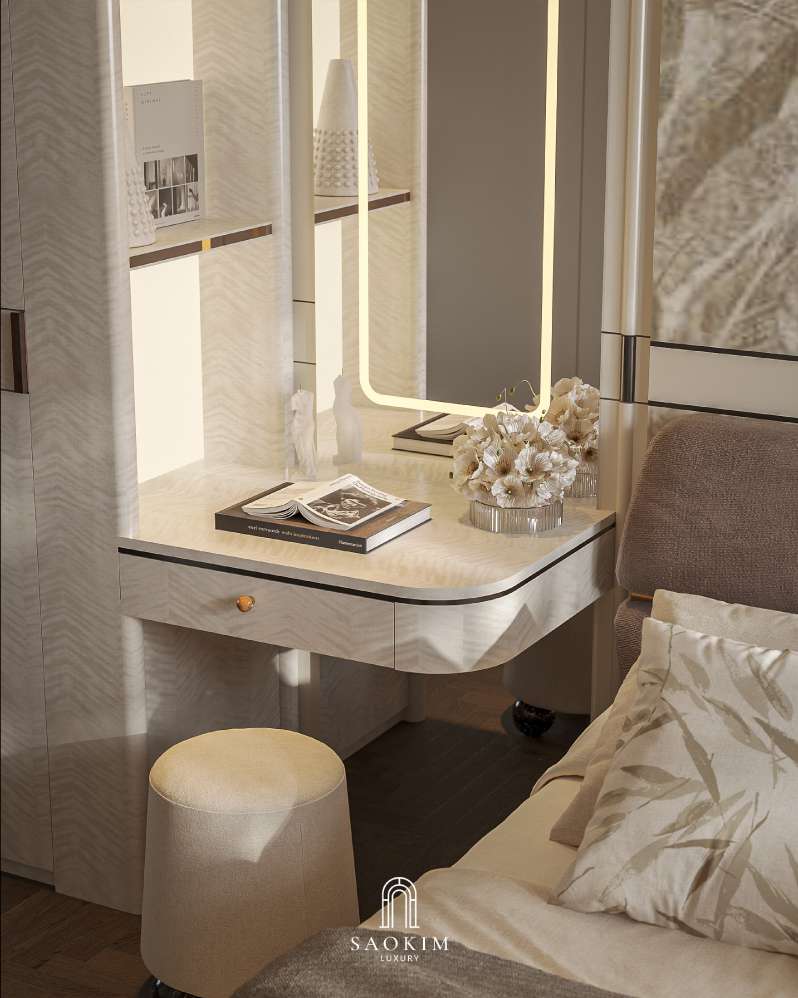 Không gian phòng ngủ sang trọng trong thiết kế nội thất chung cư cao cấp Lumière Evergreen phong cách Quiet Luxury
